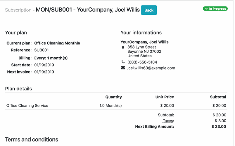 billing view of odoo subscription module 