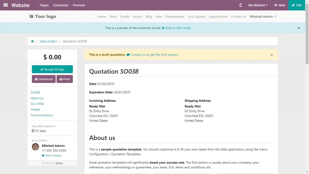 odoo crm quotation